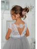 Cap Sleeves Ivory Lace Gray Tulle Flower Girl Dress